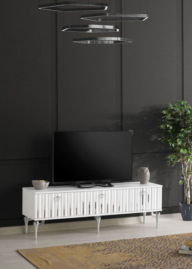 180 CM DUBAİ METAL AYAK-MDF MEBRAN KAPAK TV SEHPASI BEYAZ - GÜMÜŞ