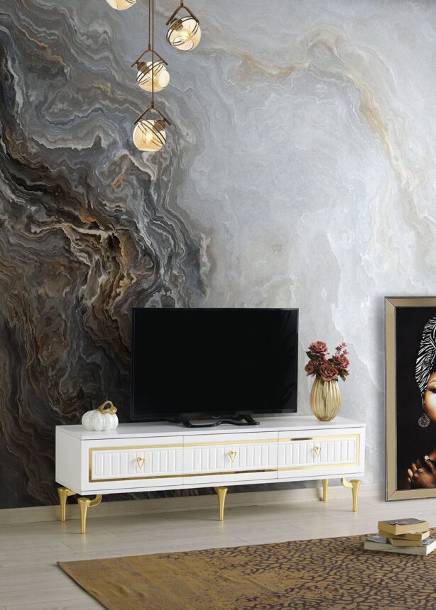 180 CM KLAS METAL AYAK-MDF MEBRAN KAPAK TV SEHPASI BEYAZ - GOLD