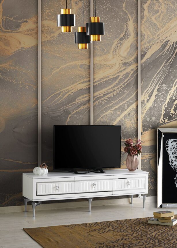 150 CM KLAS METAL AYAK MDF MEBRAN KAPAK TV SEHPASI BEYAZ GÜMÜŞ