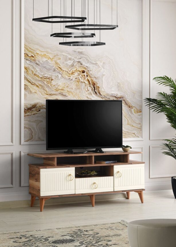 110 CM MDF MEBRAN KAPAK RAFLI TV SEHPASI PASİFİK CEVİZ - KREM
