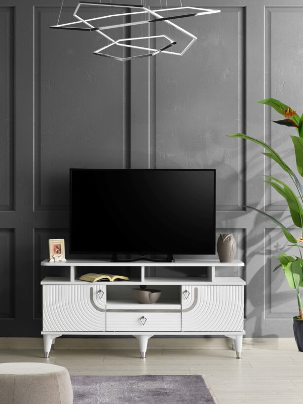 130 CM ART RAFLI MDF MEBRAN KAPAK TV SEHPASI BEYAZ GÜMÜŞ