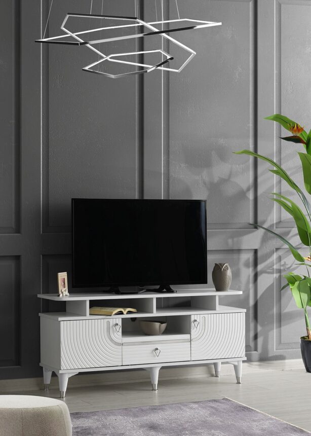 110 CM ART RAFLI MDF MEBRAN KAPAK TV SEHPASI BEYAZ - GÜMÜŞ