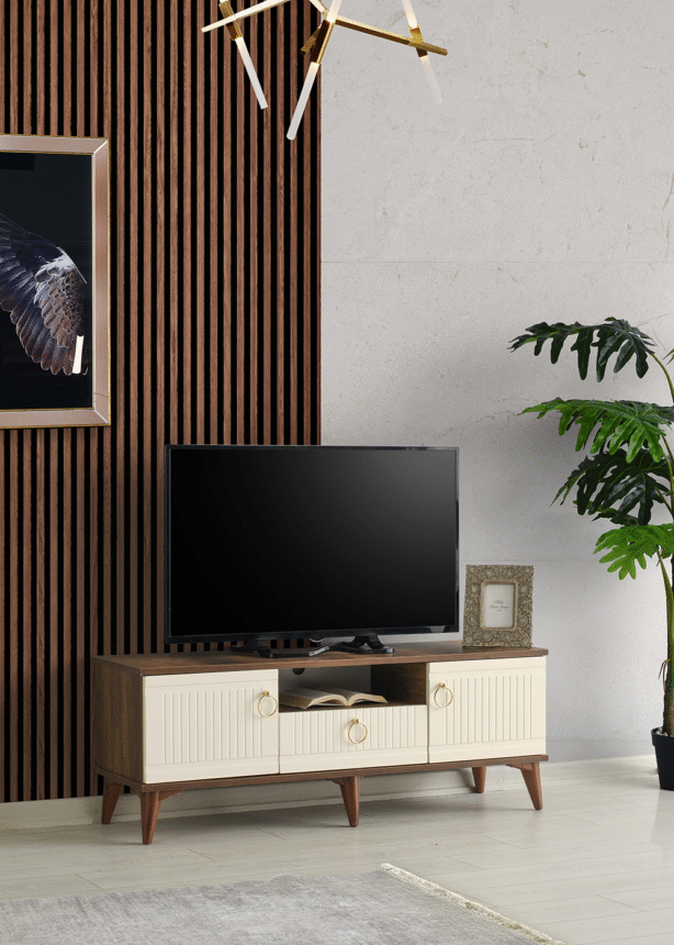 130 CM MDF MEBRAN KAPAK TV SEHPASI BAROK CEVİZ - KREM