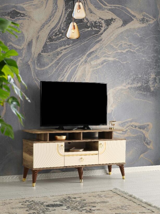 130 CM ART RAFLI MDF MEBRAN KAPAK TV SEHPASI PASİFİK CEVİZ - GOLD KREM