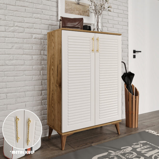 Panjurlu Metal Kulp Ayakkabılık  Çok Amaçlı Dolap Mutfak Dolabı Kiler Balkon Banyo Dolabı Ekru Ceviz