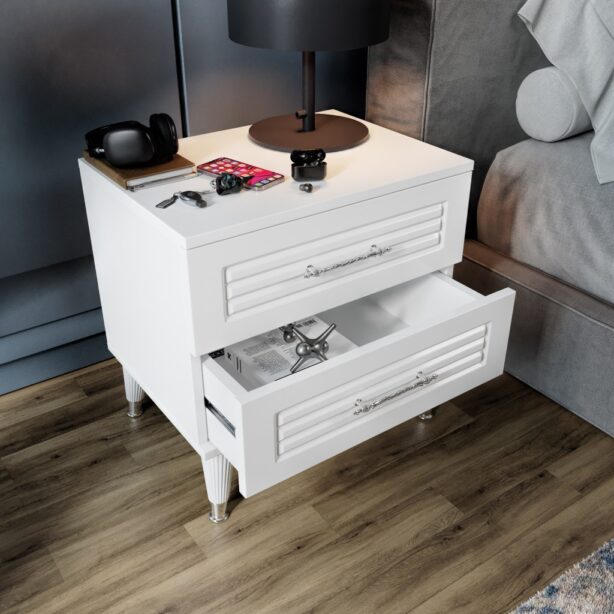 Panjurlu 2 Çekmeceli Komodin PNJ5002 Beyaz Gümüş